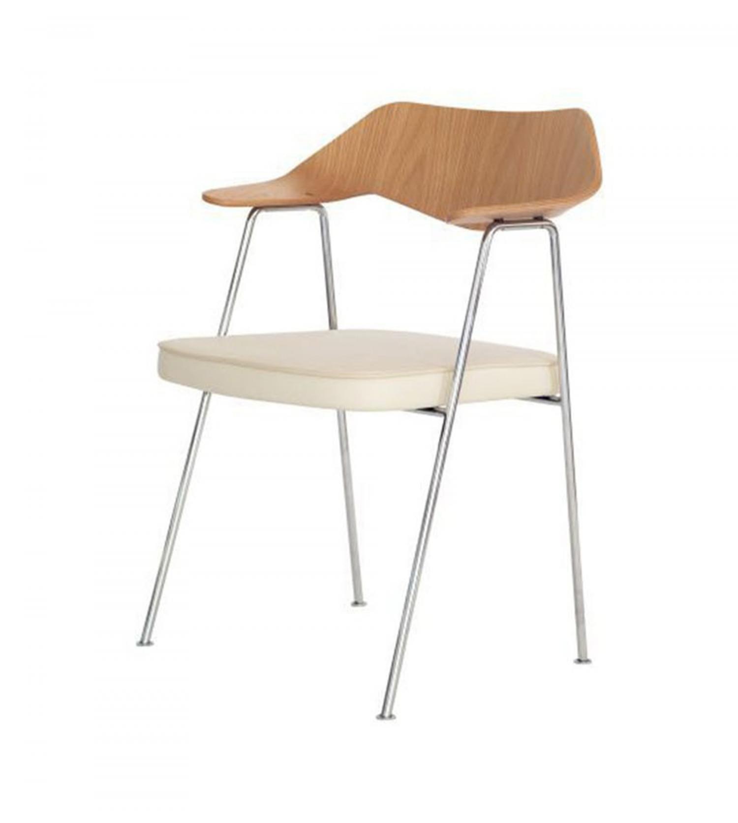 Blou-Chaise 675 - Robin Day Chair - chene/chrome/cuir Crème
